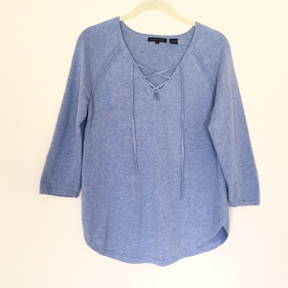 Jeanne Pierre | Lace Up Split Neck Lightweight Cotton Sweater in Light Blue